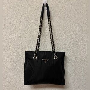 PRADA Nylon Tote Bag Black Chain Strap